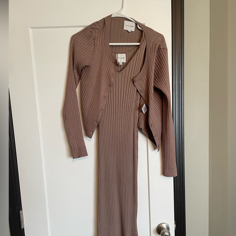 Pink Rose Sweater Dress & Cardigan
